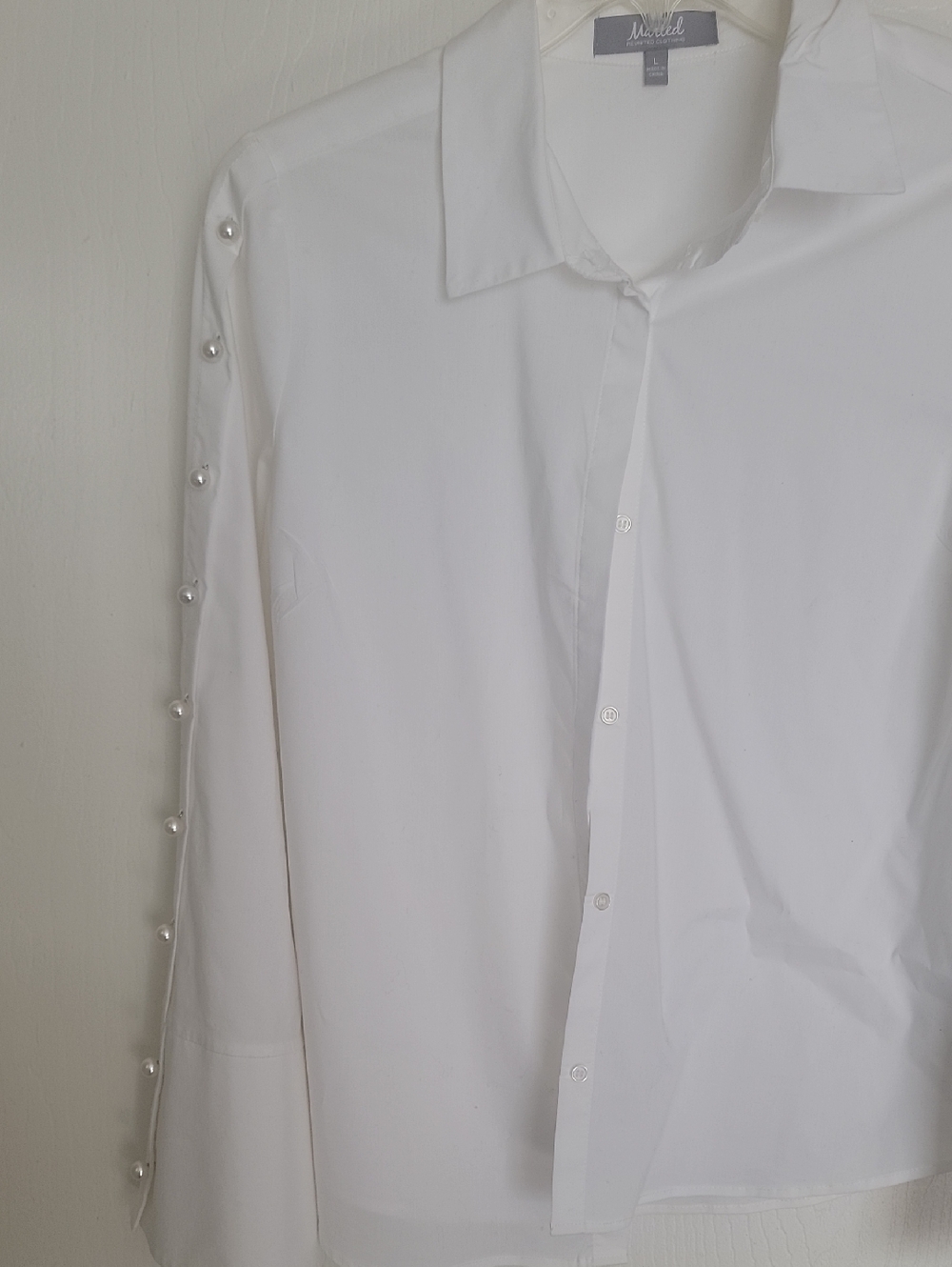 White Pearl Sleeve Button Down Blouse .